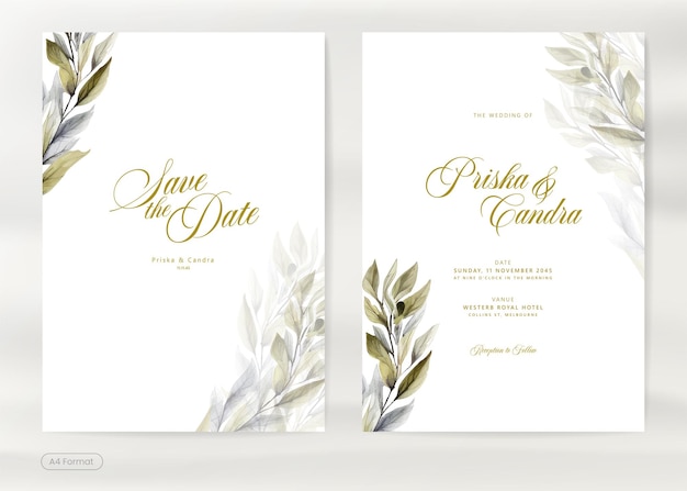 Plik wektorowy nowoczesny i prosty szablon zaproszenia ślubnego z liśćmi akwarelami