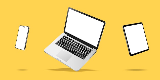 Nowoczesny laptop, telefon komórkowy i tablet pływający na żółtym tle