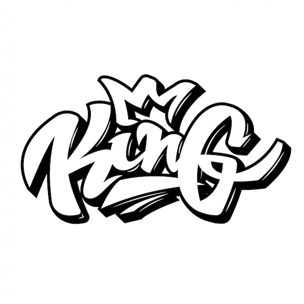 Nowoczesny Projekt Ilustracji Napis Czarno Biały Kolor. Napis W Stylu Graffiti „king” Z Koroną