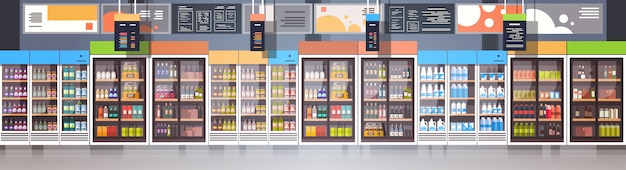 Nowoczesny rynek Super pusty sklep detaliczny, supermarket z asortymentem baner poziomy żywności spożywczej