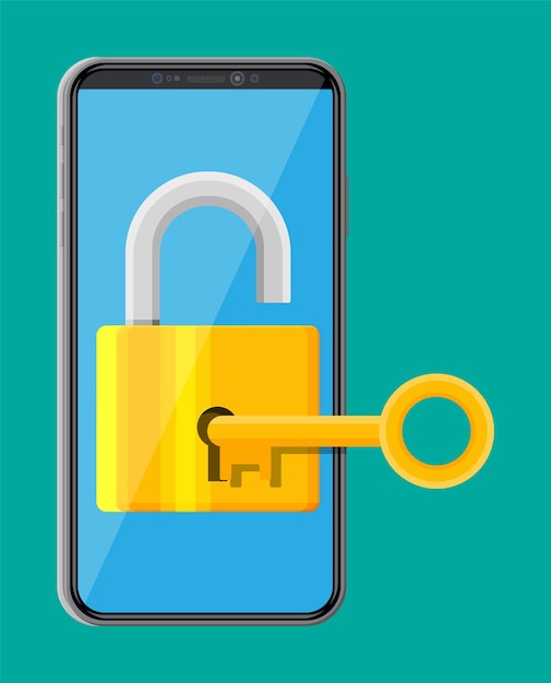 Nowoczesny smartfon z kłódką i kluczem. Telefon z blokadą na ekranie. Bezpieczeństwo mobilne, bezpieczeństwo, koncepcja ochrony. Bezpieczeństwo sieci i internetu. Ilustracja wektorowa w stylu płaski