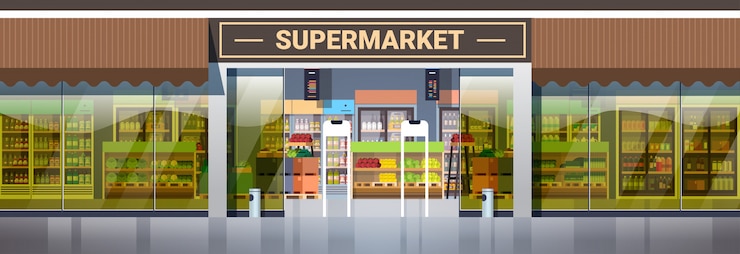 Wektor nowoczesny supermarket sklep detaliczny z asortymentem artykułów spożywczych sklep spożywczy zewnętrzny poziomy