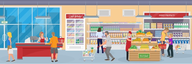 Nowoczesny supermarket z nabywcami towarów i pracownikami sklepu Scena w centrum handlowym Wnętrze centrum handlowego Kolorowa, bardzo szczegółowa ilustracja wektorowa w płaskim stylu