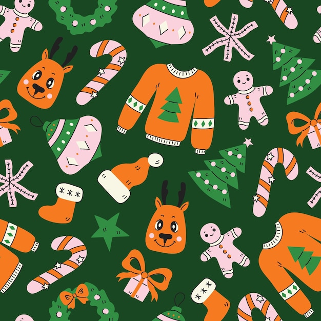 Nowoczesny świąteczny bezszwowy wzór w ręcznie narysowanym płaskim stylu Whimsical Xmas Holiday tło