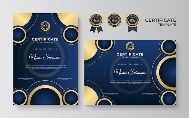 Nowoczesny Szablon Certyfikatu Niebieski I Złoty. Szablon Obramowania Certyfikatu Dyplomu Z Odznakami Dla Nagród, Biznesu I Edukacji