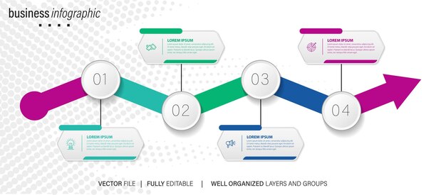 Nowoczesny Szablon Infograficzny Linii Pudełkowej Z 4 Krokami Szablon Kręgu Biznesowego Z Opcjami Broszury