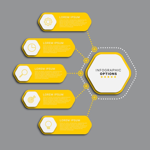 Nowoczesny Szablon Infografiki Z Pięcioma żółtymi Sześciokątnymi Elementami Na Szarym Tle