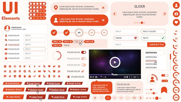 Nowoczesny zestaw interfejsu użytkownika zawierający zbiór niezbędnych przycisków, ikon i elementów nawigacyjnych dla stron internetowych i aplikacji mobilnych Idealny dla responsywnego projektowania i desek sterujących