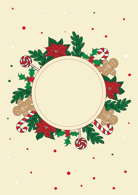 Plik wektorowy noworoczna karta wektorowa z okrągłą ramką na tekst i poinsecją, imbirem, gałęzią choinki, laską lizaka