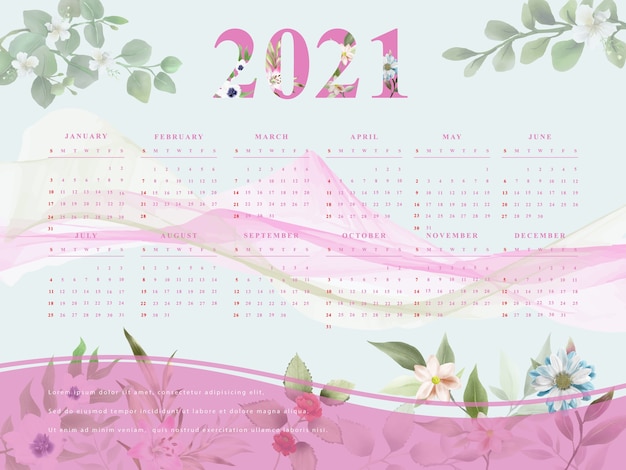 Plik wektorowy noworoczny kalendarz w nowoczesnym stylu z pięknym kwiatowym wzorem