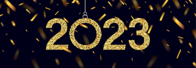 Noworoczny sztandar z czarnym tłem ze złotymi numerami 2023 i błyszczy. Szczęśliwego Nowego Roku!