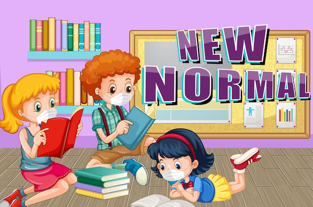 Nowość Normalna z dziećmi noszącymi maskę w bibliotece