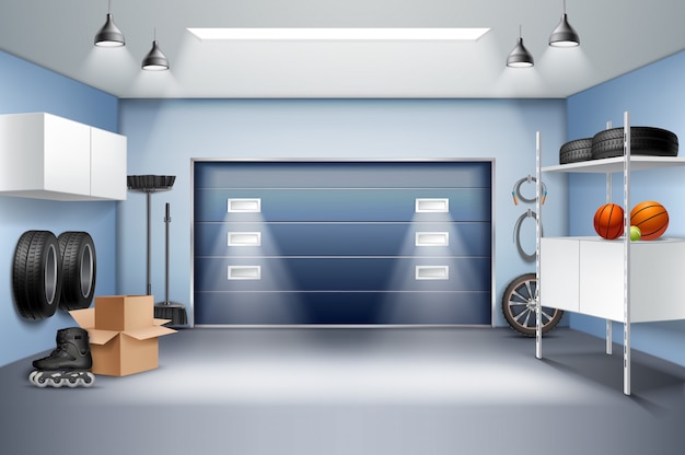 Plik wektorowy nowożytnego przestronnego garażu wewnętrzny realistyczny skład z składowymi gabinetami stoi rolkowe łyżwy opony ślizgową drzwiową wektorową ilustrację