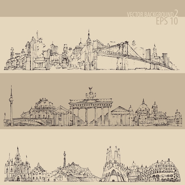 Nowy Jork, Berlin, Barcelona Skylines, Architektura Wielkiego Miasta, Vintage Grawerowane Ilustracja