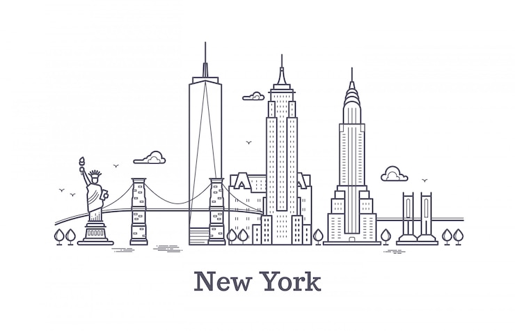 Wektor nowy jork zarys konspektu, sylwetka linii nyc, usa turystyczne i podróż wektor koncepcja