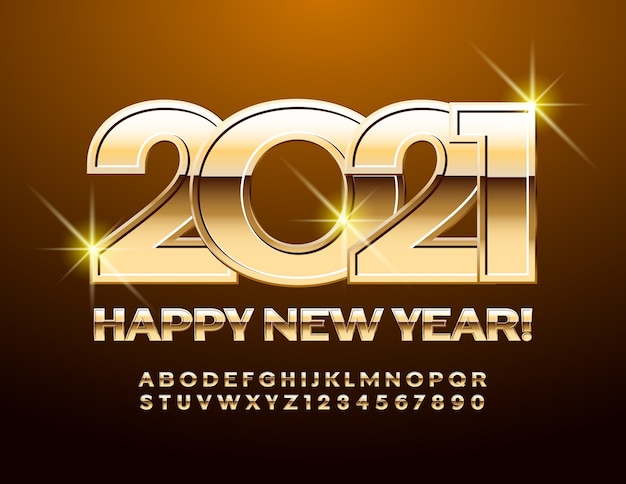 Nowy Rok 2021. Shiny Chic Font. Litery I Cyfry Alfabetu Złota
