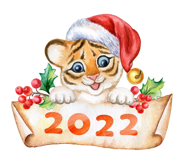 Nowy Rok 2022 Symbol Ładny Tygrys, Akwarela. Tygrys w santa hat z banerem, plakat vintage