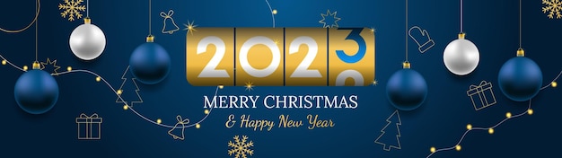 Nowy Rok 2023 Licznik Wesołych świąt I Szczęśliwego Nowego Roku Transparent Wektor Realistyczne Różowe Złoto I Niebieskie Bombki Płatki śniegu Wiszące Na Ciemnym Niebieskim Tle Z Realistyczną Girlandą Złota Ikona Bożego Narodzenia