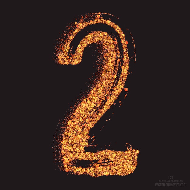 Plik wektorowy numer 2 ogień spalanie element projektu czcionki efekt tekstowy na czarnym tle. jasny złoty połysk rozproszenia cząstek symbol świecącego płomienia