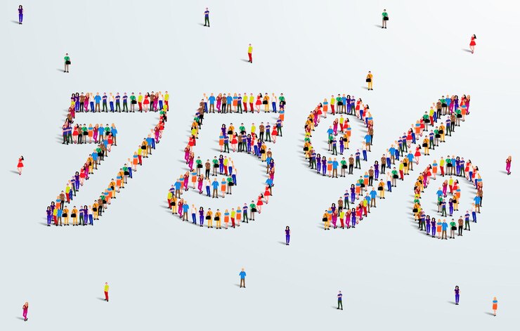 Numer 75 procent. Duża grupa ludzi tworzy kształt 75%. Oferta Specjalna Projekt Sprzedaży.