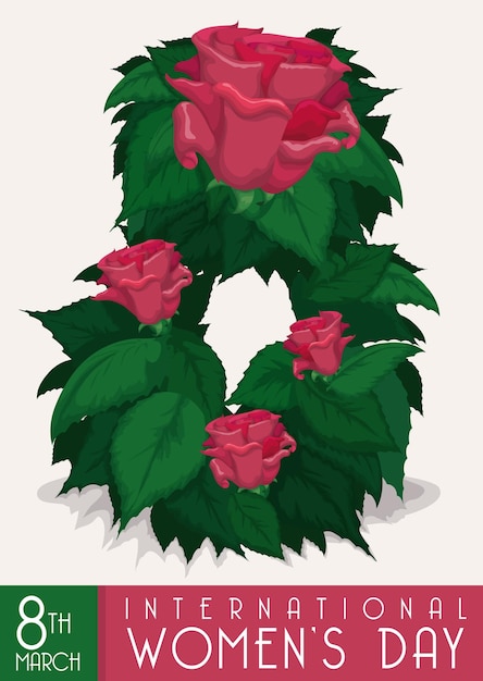 Plik wektorowy numer osiem utworzony dla liści i różowych róż upamiętniających dzień kobiet w marcu