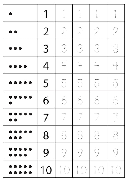 Plik wektorowy numer śledzenia od jednego do dziesięciu arkusz przedszkolny czarno-biały