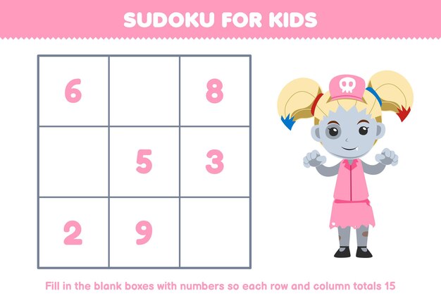 Numer sudoku dla dzieci pomóc kreskówki zombie pielęgniarka dziewczyna wypełnić pudełko drukowalny Halloween arkusz
