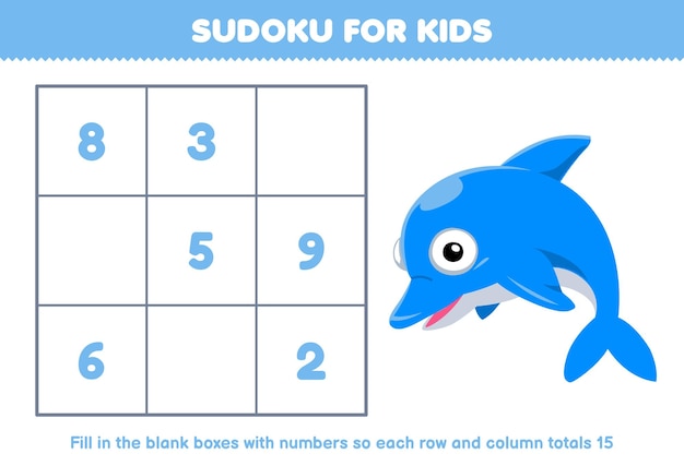 Numer sudoku dla dzieci z uroczym delfinem z kreskówek drukowalny arkusz podwodny
