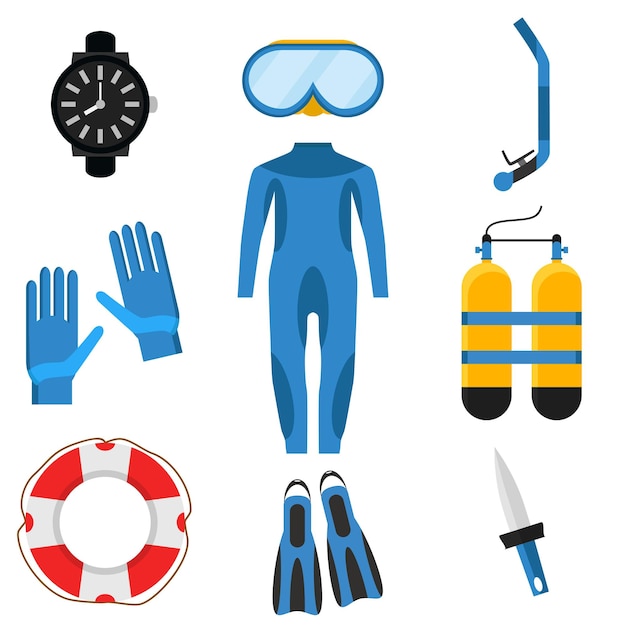 Plik wektorowy nurkowanie nurkowanie kostium nurkowy maska nurkowania płetwy snorkelowe cylindry tlenowe pływy ratunkowe płetwy ikony