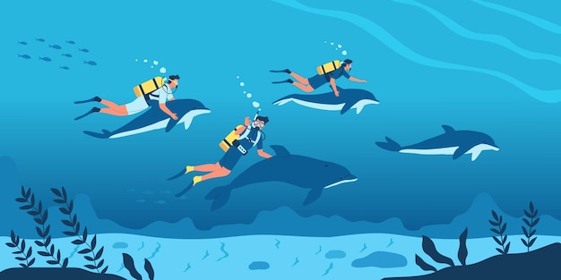 Plik wektorowy nurkowanie płaskiej kompozycji z nurkami pływającymi z delfinami ilustracji wektorowych