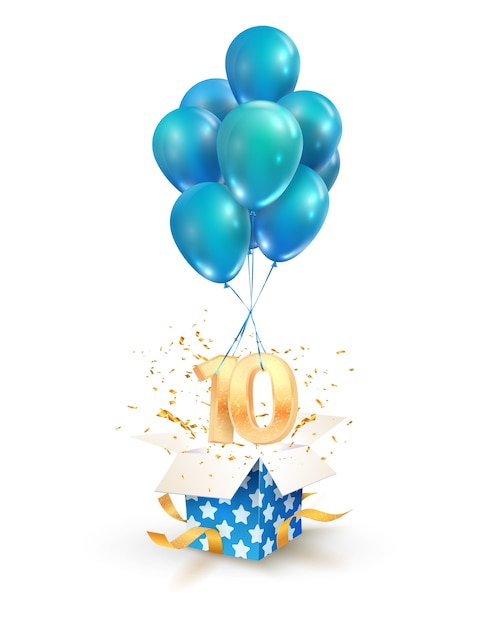Obchody Dziesięciu Lat. Pozdrowienia Z Dziesiątej Rocznicy Na Białym Tle Elementów Projektu. Otwórz Teksturowane Pudełko Z Numerami I Latającymi Balonami.
