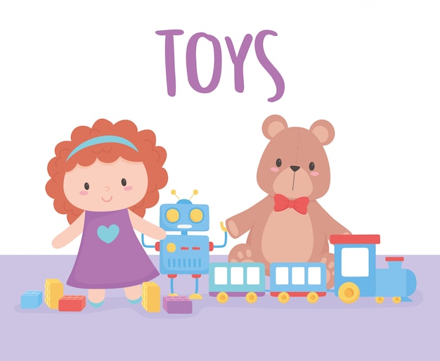 Plik wektorowy obiekt zabawkowy dla małych dzieci do zabawy lalka z kreskówek, pociąg i robot