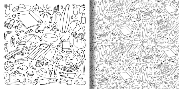 Obiekty plażowe ręcznie rysowane doodle zestaw i wzór bez szwu Kolekcja wektorów do nadruków na tekstyliach