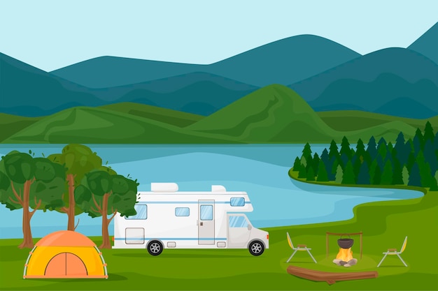 Obóz letni . Przyczepa kempingowa Kamper przy ognisku z namiotem, drewnem, kotłem, stołem. Krajobraz nad jeziorem i górami. Letnie wakacje, kemping, podróże, wycieczki, piesze wycieczki, wektor ilustracja kreskówka.