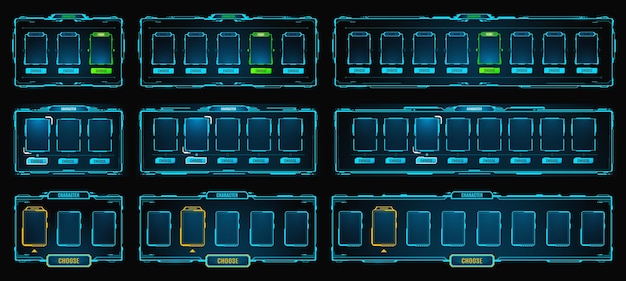 Obramowania panelu interfejsu gry Hud i neonowy wyświetlacz awatara Wektorowy futurystyczny świecący zestaw obramowań skifi Technologia kosmiczna izolowane elementy interfejsu użytkownika portali technicznych dla pulpitu nawigacyjnego graczy wirtualnej rzeczywistości