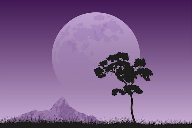 Obraz Drzewa Czarna Sylwetka Ze Szczytem Górskim I Pełni Księżyca Na Tle, Krajobraz Spokojny I Cichy, Piękno Przyrody