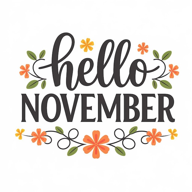 Obraz jest cyfrową ilustracją z frazą Hello November w odważnej czcionce kursywnej