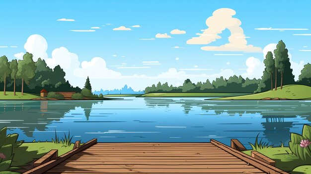 Plik wektorowy obraz jeziora z drewnianym dokiem i dokiem z kajakiem na nim