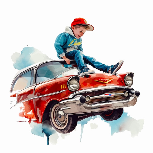 Plik wektorowy obraz małego chłopca siedzącego na dachu samochodu retro