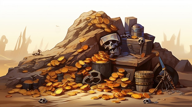 Plik wektorowy obraz pirata z pudełkiem monet i czaszką