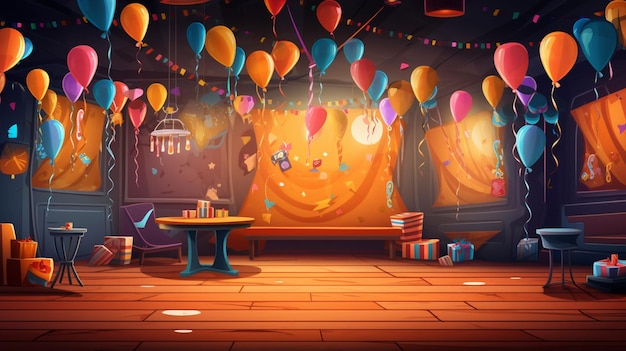 Obraz Pokoju Z Balonami I Stołem Z Stołem I ścianą Z Banerem, Który Mówi Szczęśliwy Urodziny
