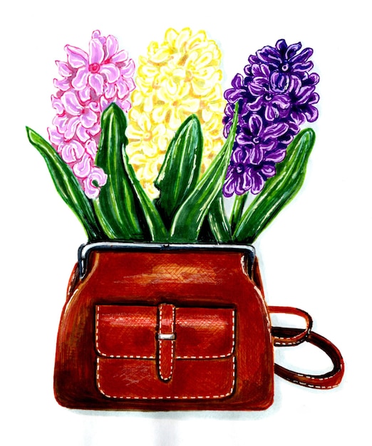 Obraz torby z kwiatami ze skórzaną rączką