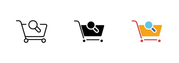 Obraz wózka na zakupy z lupą reprezentujący możliwość wyszukiwania i znajdowania określonych przedmiotów podczas zakupów Wektorowy zestaw ikon w liniach czarnych i kolorowych stylów izolowanych