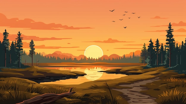 Plik wektorowy obraz zachodu słońca z jeziorem i ptakami latającymi w niebie