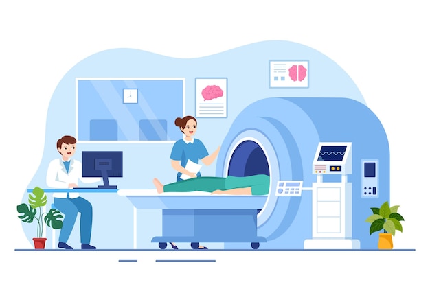 Plik wektorowy obrazowanie mri lub rezonansu magnetycznego z lekarzem na temat badania lekarskiego i projektowania tomografii komputerowej