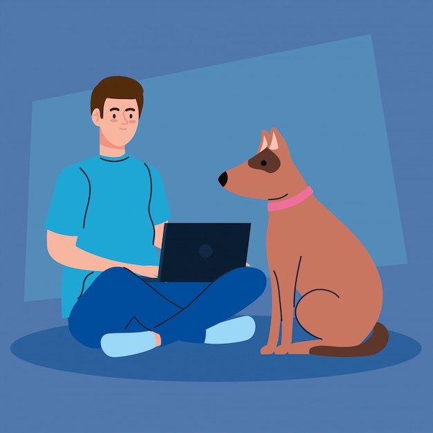 Obsługuje Obsiadanie Używać Laptop Z Psim Zwierzęciem Domowym