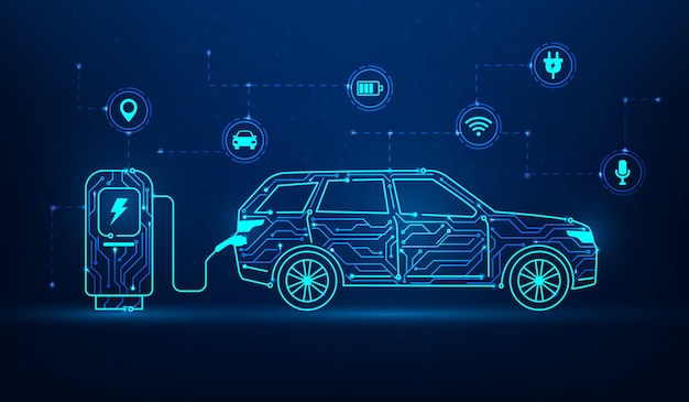 Obwód ładowarki elektrycznej samochodu z ikoną technologii na niebieskim ciemnym tle koncepcja samochodu Ev