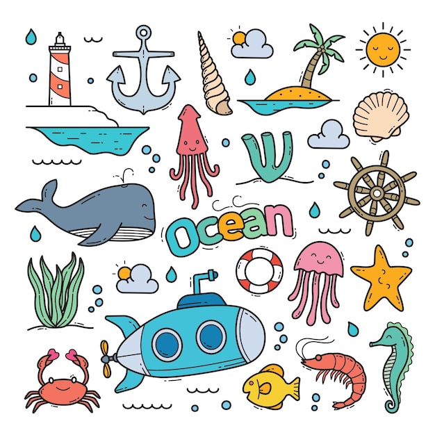 Ocean Doodle Ręcznie Rysowane Wektor Clipart Obiektów Ilustracji