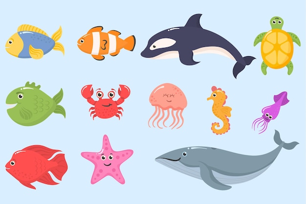 Ocean zwierzęta morskie rośliny wodne śmieszne tropikalne stworzenia podwodne egzotyczny zestaw ryb akwariowych