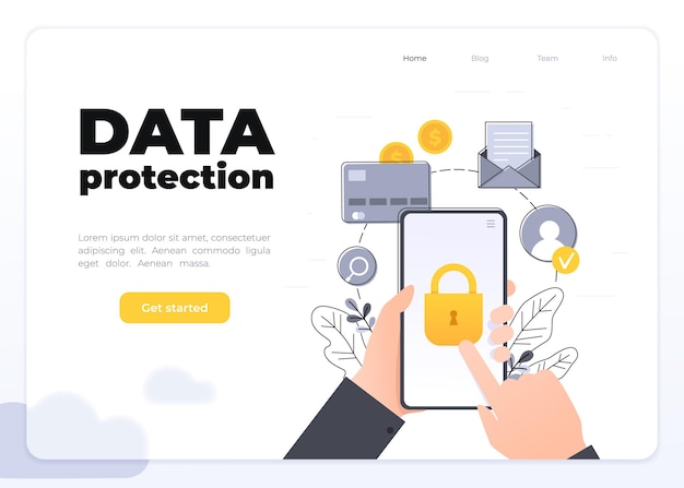 Ochrona Danych Mobilnych I Informacji Osobistych, Trzymając Się Za Ręce Telefon Komórkowy Z Zamkiem, Koncepcja Dostępu Do Danych, Płaski Kreskówka Wektor Z Kwiatowymi Elementami. Koncepcja Strony Docelowej Glassmorphism.